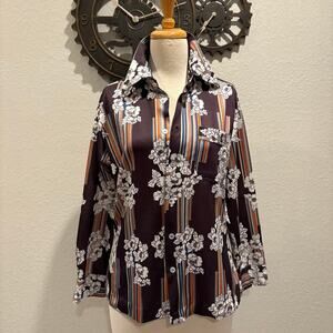 HIPSTER Women's Blouse Pinstripes/Floral Brown Sz L Woodstock 70s Retro Bohemian